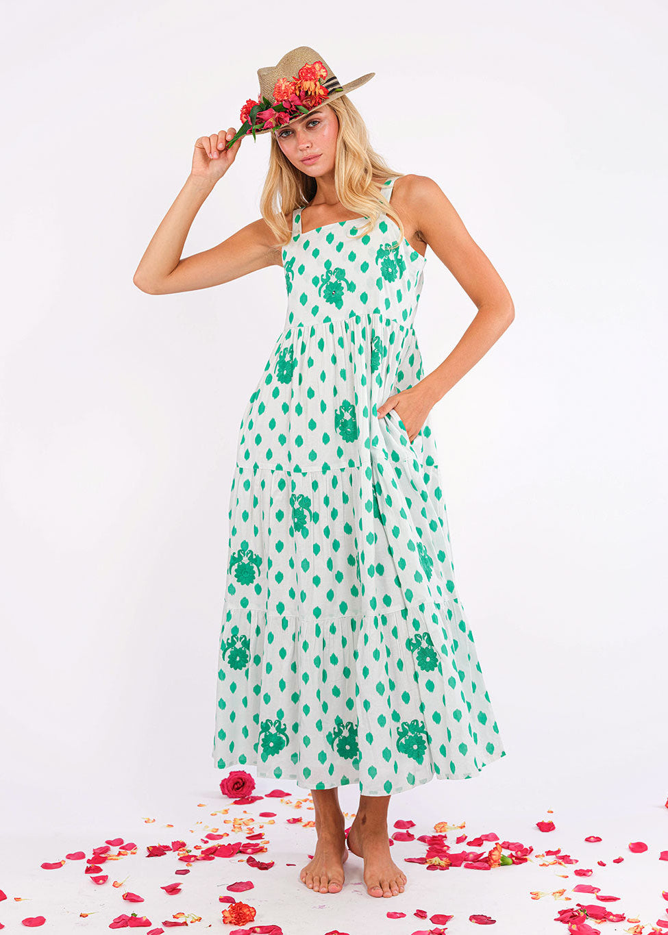 Cornflower Emerald Dots Bird Embroidery Dress