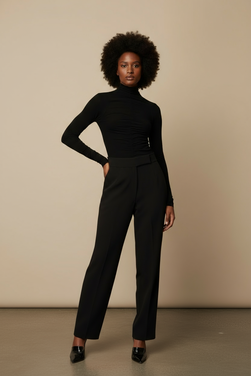 Person wearing a black turtleneck and black pants against a white background