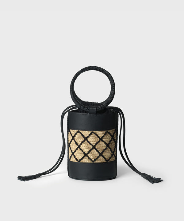 Mini Cross Bracelet Bag Black Leather Straw