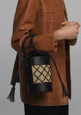 Mini Cross Bracelet Bag Black Leather Straw