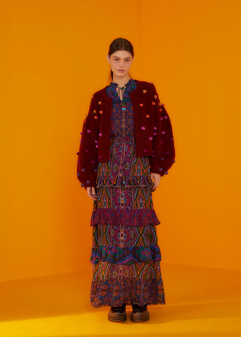 FARM RIO-CARDIGAN-RAINBOW DOTS BURGUNDY CARDIGAN-JUST BRAZIL