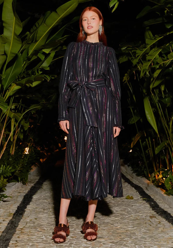FARM RIO-DRESS-LUREX STRIPES MIDI DRESS-JUST BRAZIL