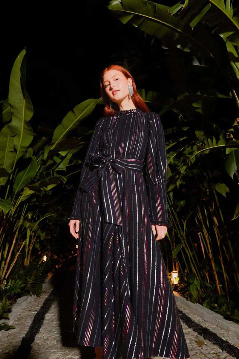 FARM RIO-DRESS-LUREX STRIPES MIDI DRESS-JUST BRAZIL