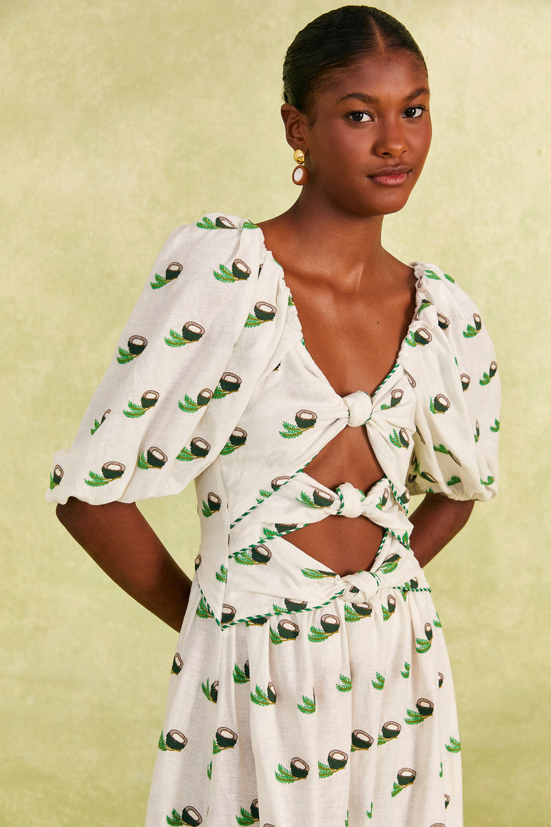 Farm Rio-Dress-Cross Stitch Coconut Embroidered Midi Dress-Just Brazil