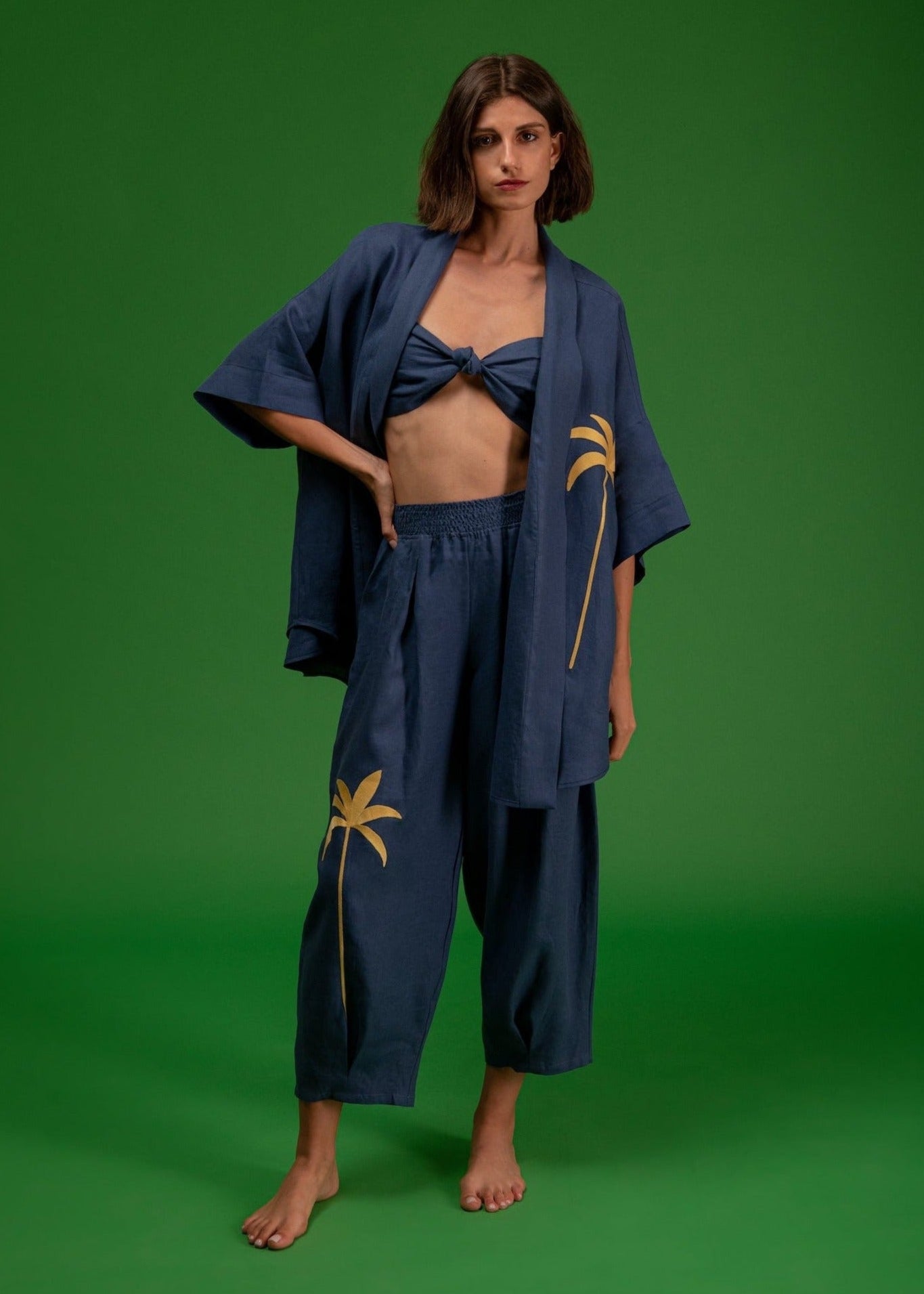 Galeria-Wasabi Navy Blue Palm Blouse-Justbrazil