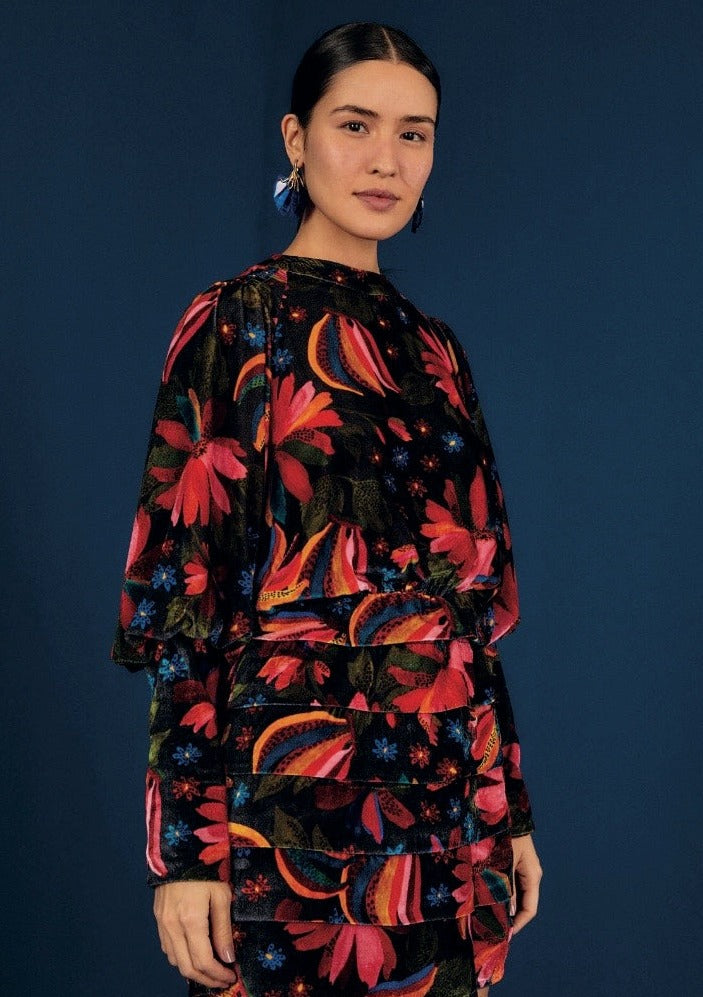 FARM RIO-DRESS-BLACK BANANA SKY VELVET DRESS-JUST BRAZIL