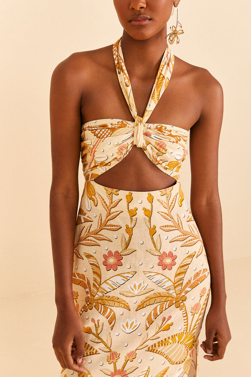 Farm Rio-Dress-Jungle Chic Sand Midi Dress-Just Brazil