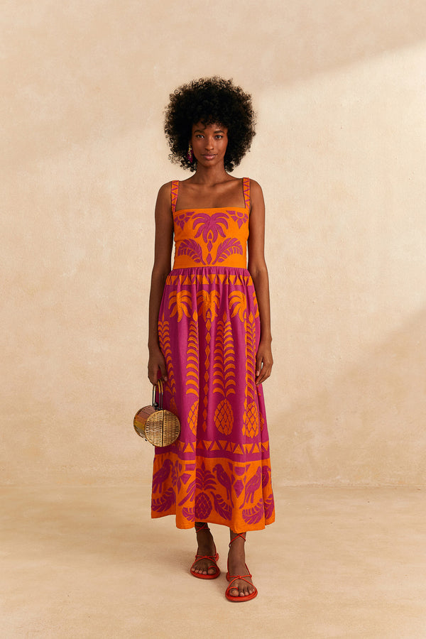 Farm Rio-Dress-Pineapple Love Orange Cutwork Dress-Just Brazil