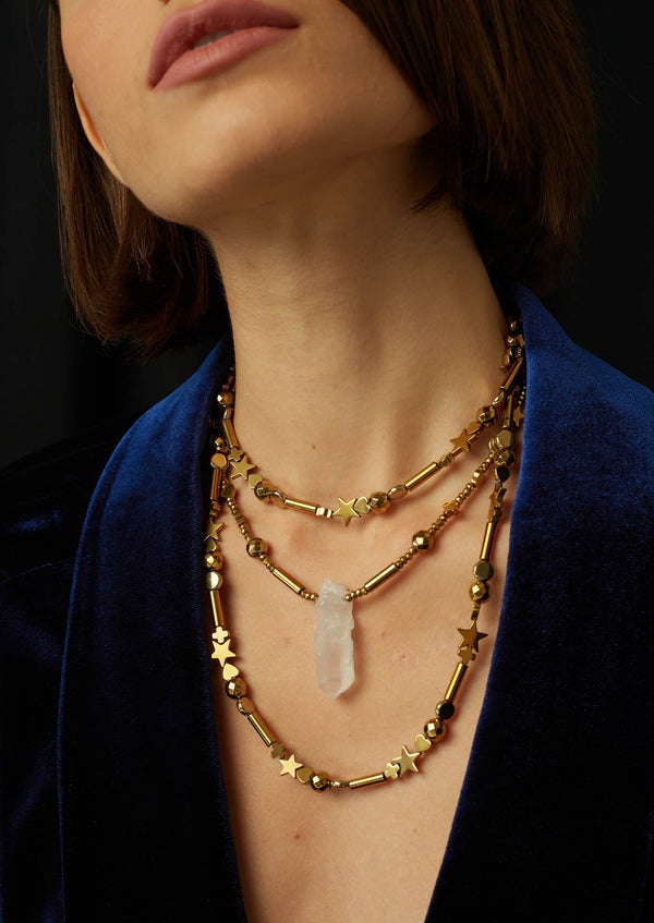 JustBrazil-Necklace-Arctos Ematite Gold Star Long Necklace-Just Brazil