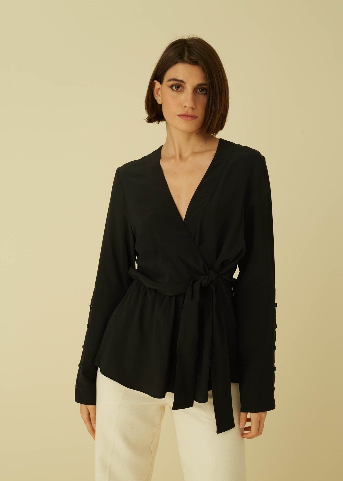 ALINA V-NECK WRAP BLACK BLOUSE