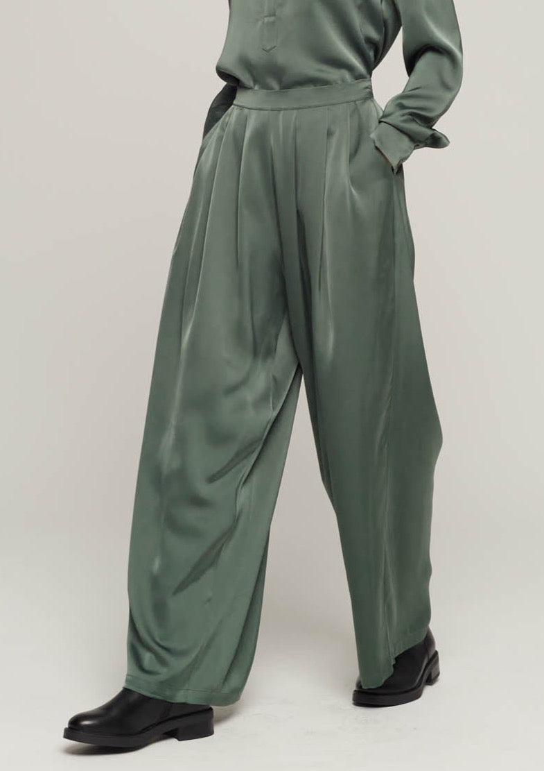 JUSTBRAZIL-TROUSERS-PEDRAS SATIN KHAKI TROUSERS-JUST BRAZIL