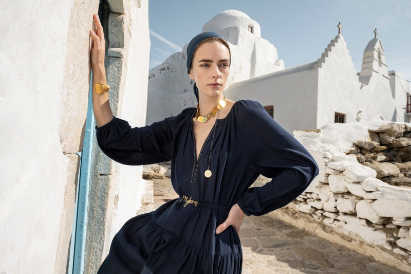 Ancient Kallos-Mykonos Midnight Blue Long Kaftan-Justbrazil